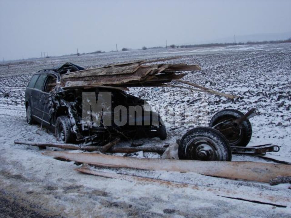 Impactul a fost atât de puternic încât lemnele din căruță au intrat până pe bancheta din spate a mașinii, strivind-o pe tânăra de 18 ani Impactul a fost atât de puternic încât lemnele din căruță au intrat până pe bancheta din spate a mașinii, strivind-o pe tânăra de 18 ani