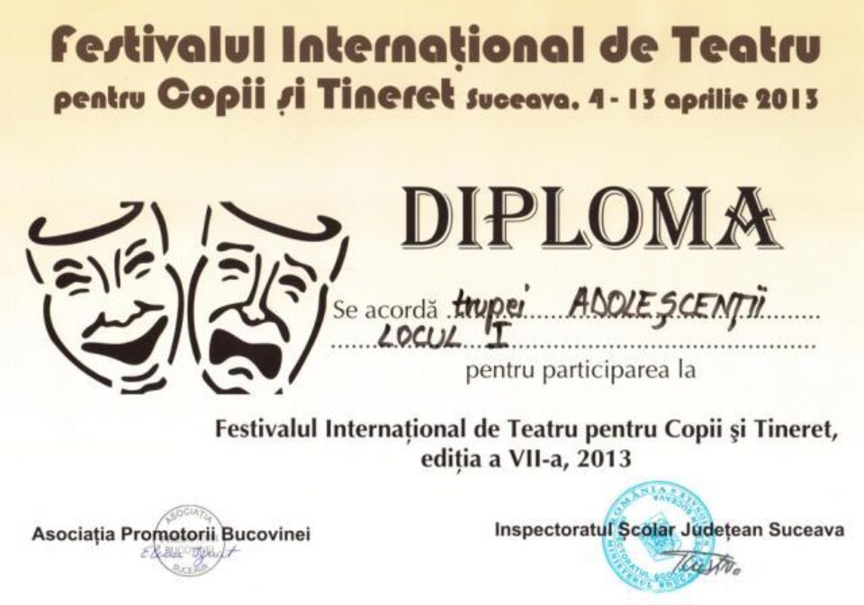 „Adoleșcenții” din Rădăuți, medalie de aur la Festivalul internațional de teatru pentru copii și tineret