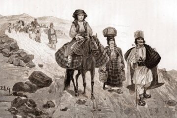 Emigranți transilvani, trecând munții, înspre Bucovina (1742-1777) – desen de Pataky