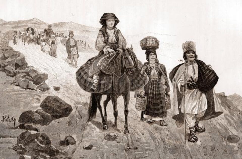 Emigranți transilvani, trecând munții, înspre Bucovina (1742-1777) – desen de Pataky Emigranți transilvani, trecând munții, înspre Bucovina (1742-1777) – desen de Pataky