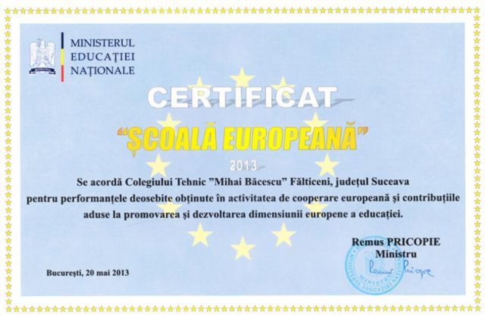 Certificatul de Școală Europeană primit de colegiul fălticenean
