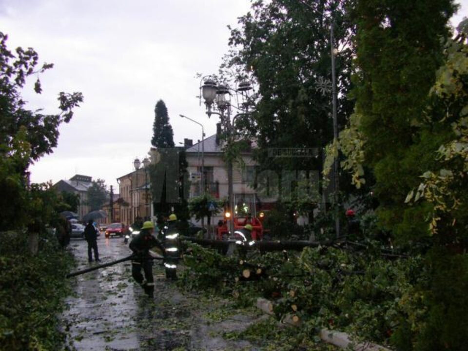 O linie electrică avariată, un pod afectat și mai multe curți inundate, în urma unei furtuni