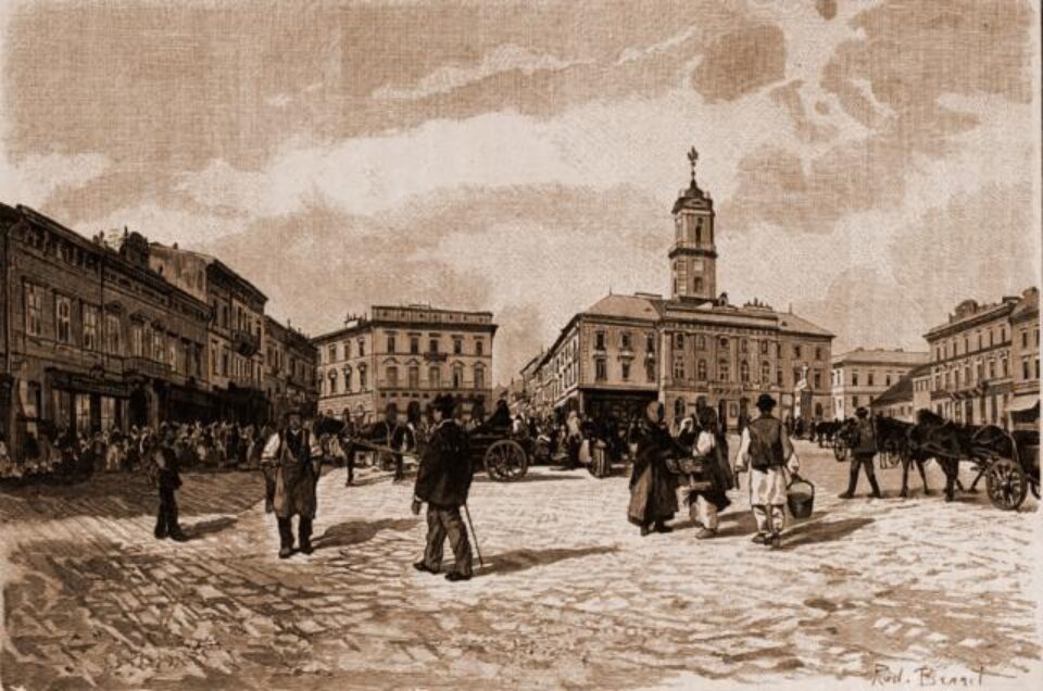 Cernăuți, Piața Centrală – desen de Rudolf Bernt (1844-1914)