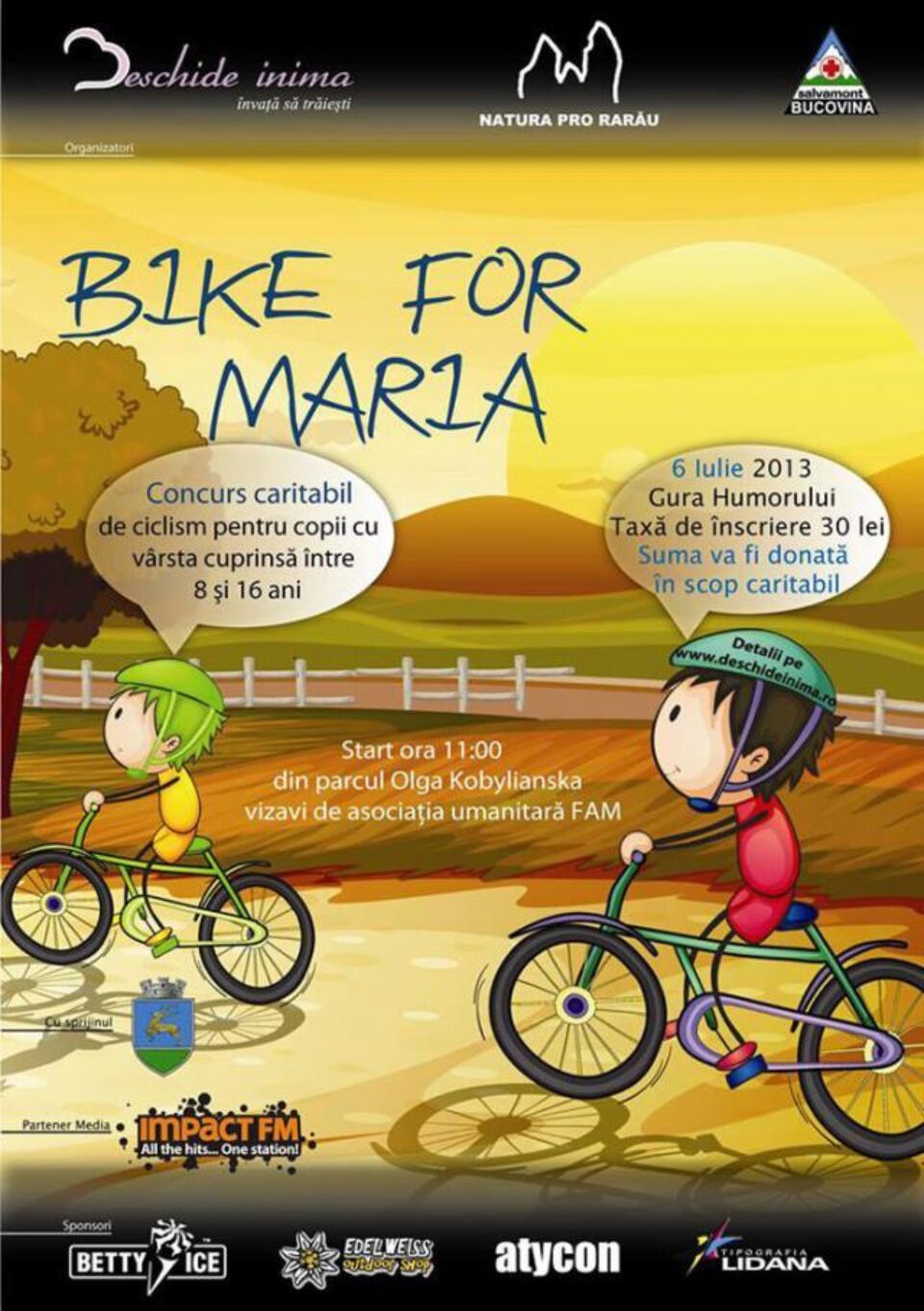 „Bike for Maria”, concurs caritabil de ciclism, adresat copiilor cu vârsta cuprinsă între 8 și 16 ani „Bike for Maria”, concurs caritabil de ciclism, adresat copiilor cu vârsta cuprinsă între 8 și 16 ani