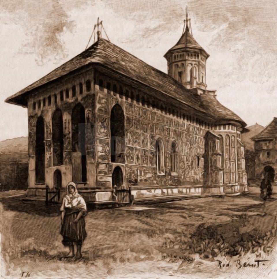 Moldovița, biserica mănăstirii – desen de Rudolf Bernt (1844-1914)