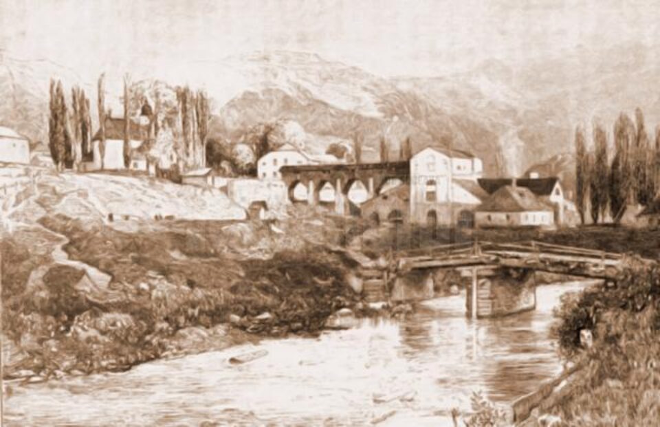 Iacobeni, pod peste Bistrița Aurie – desen de Mattias Adolf Charlemont (1820-1871) Iacobeni, pod peste Bistrița Aurie – desen de Mattias Adolf Charlemont (1820-1871)