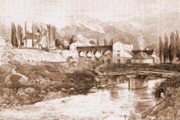 Iacobeni, pod peste Bistrița Aurie – desen de Mattias Adolf Charlemont (1820-1871)