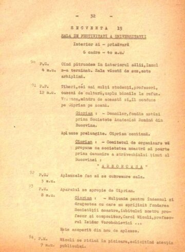 Filă de scenariu - secvența din Cernauți filmată la Suceava