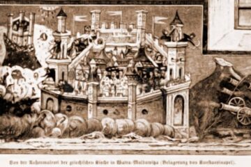 Moldovița, fresca „Asediul Constantinopolului” – desen de Rudolf Bernt (1844-1914)