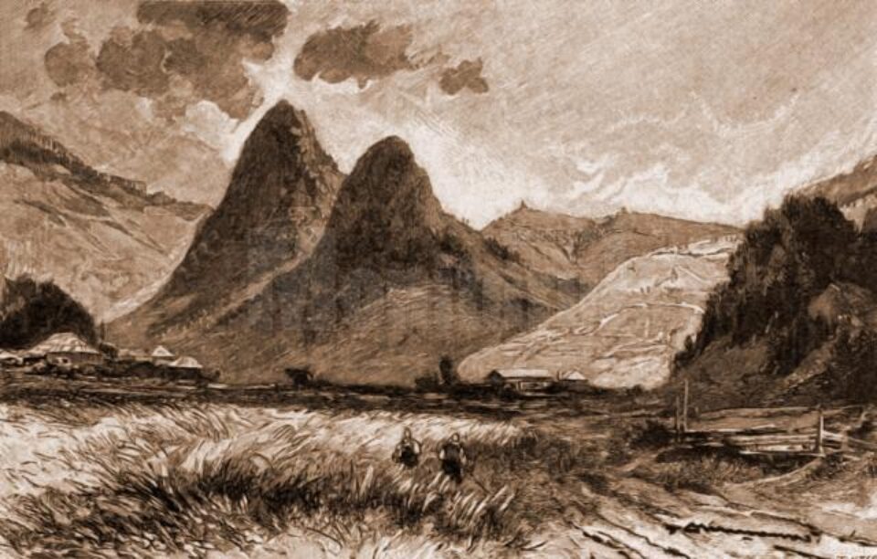 Pojorâta, munții Adam și Eva – desen de Mattias Adolf Charlemont (1820-1871)