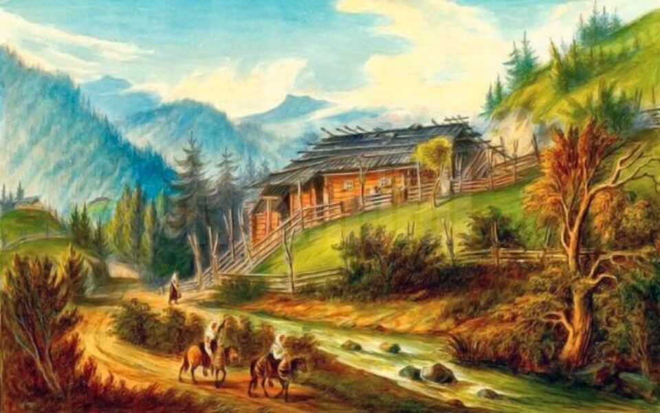 Șipotele Sucevei, Colibă huțulă – acuarelă de Franz Xaver Knapp (1809-1883)