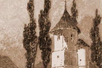 Rădăuți, clopotnița Bogdaniei – desen de Rudolf Bernt (1844-1914)