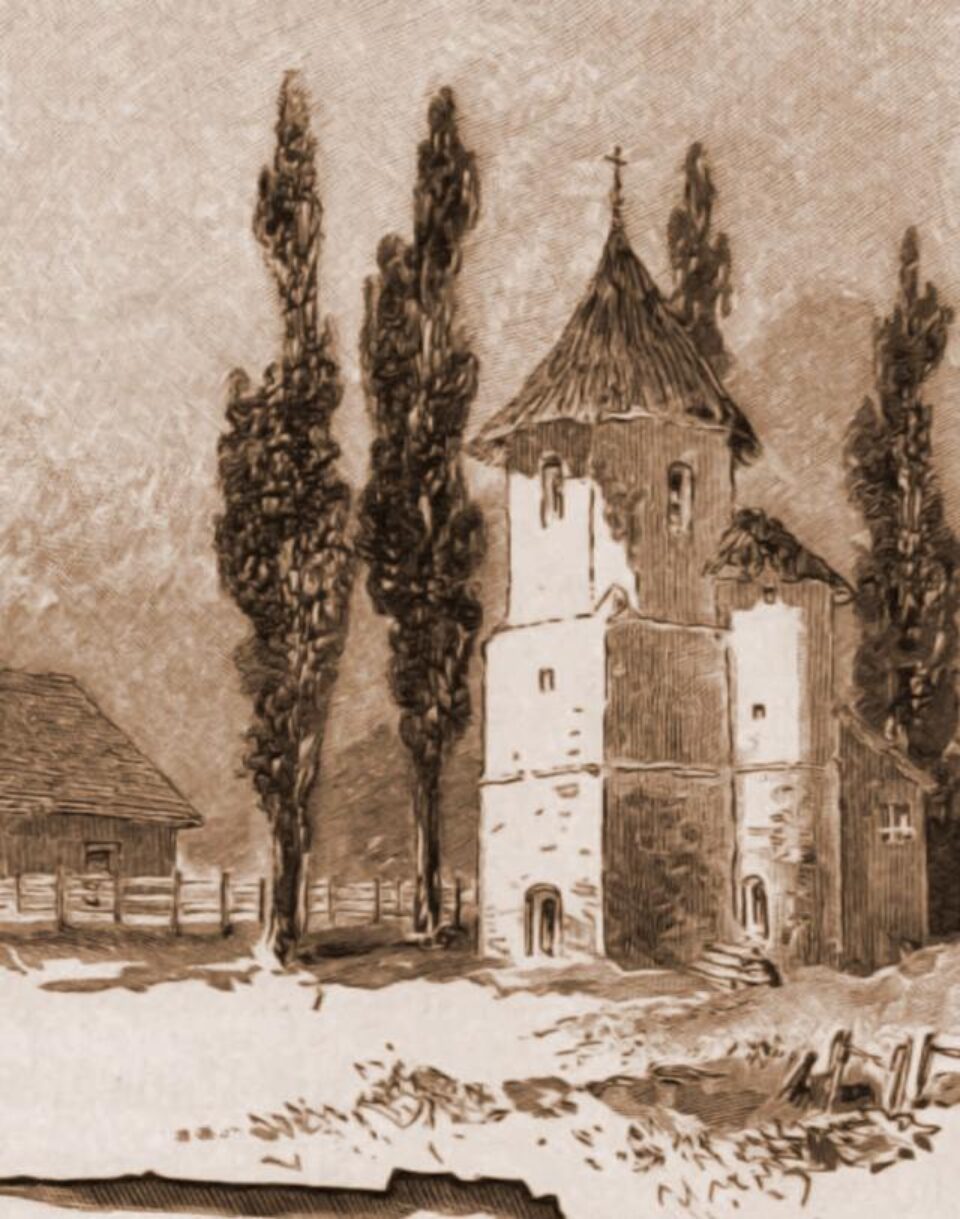 Rădăuți, clopotnița Bogdaniei – desen de Rudolf Bernt (1844-1914)