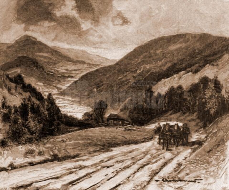 Valea Putnei, văzută de pe Mestecăniș – desen de Mattias Adolf Charlemont (1820-1871)