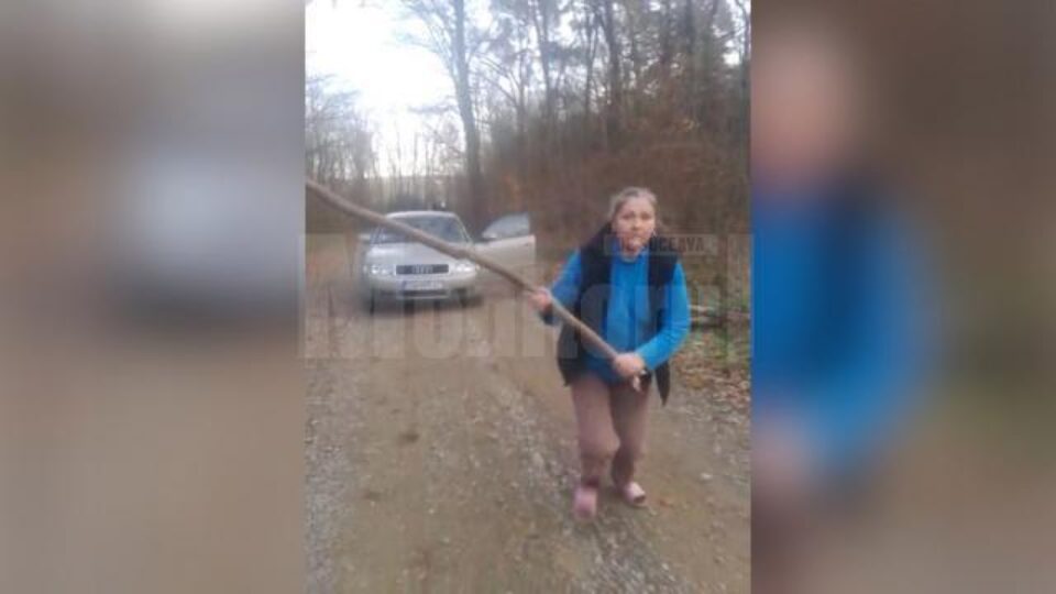 Elena Aelenei în plină acțiune, fugărinu-l cu un par pe pădurar