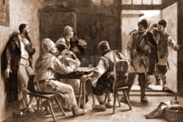 Țărani, la han – desen de Julius Zalaty Zuber (1867-1918)