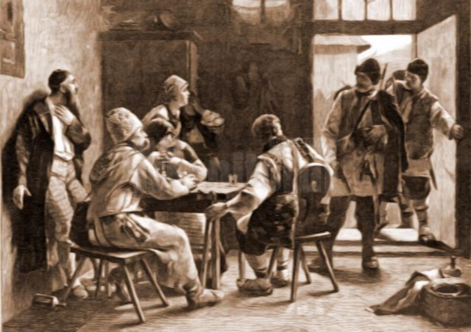 Țărani, la han – desen de Julius Zalaty Zuber (1867-1918)