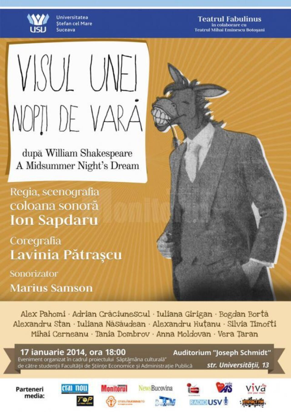 Spectacolul de teatru „Visul unei nopți de vară”, pe 17 ianuarie, la USV