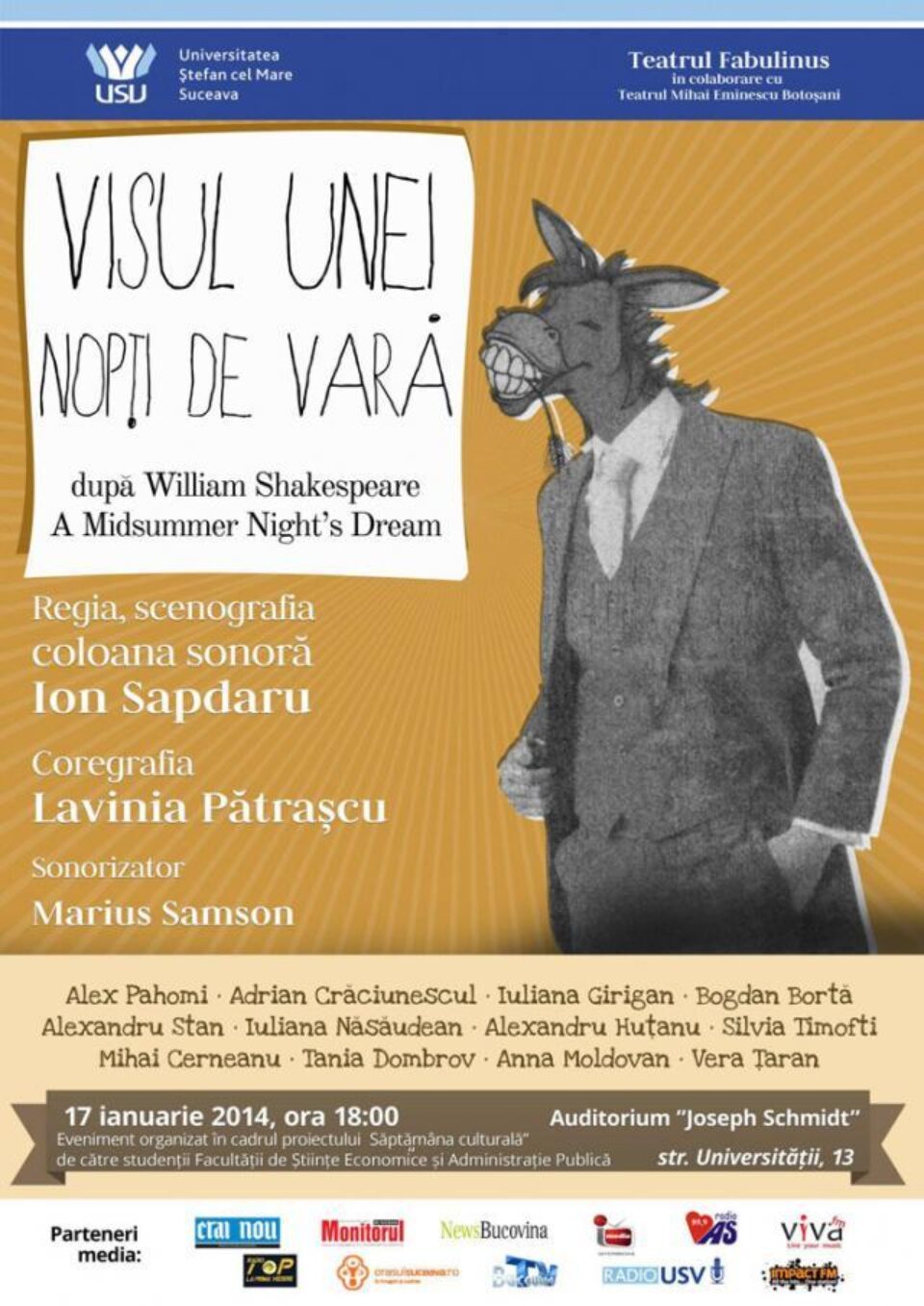 Trupa Fabulinus prezintă spectacolul de teatru „Visul unei nopți de vară”