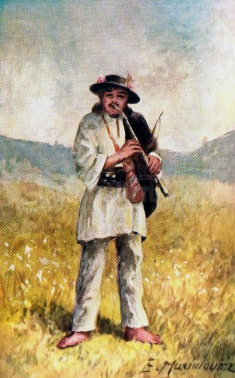 Flăcău cântând din fluier – tablou de Eugen Maximovici (1857-1926)