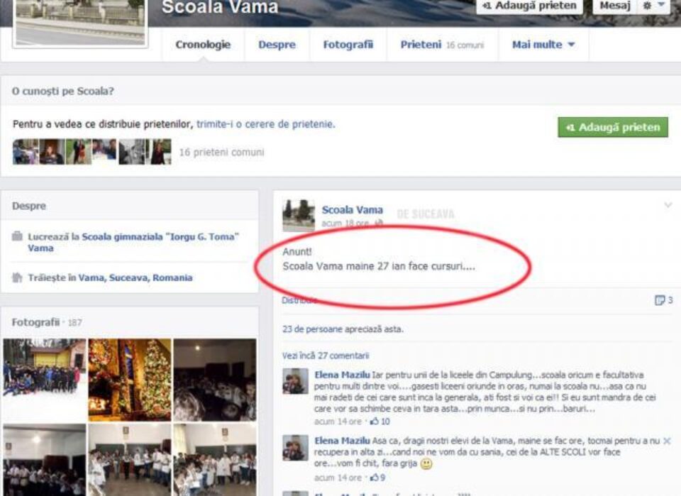 Postările profesoarei din Vama au fost șterse luni, după ce directorul unității a fost informat asupra acestui aspect Postările profesoarei din Vama au fost șterse luni, după ce directorul unității a fost informat asupra acestui aspect