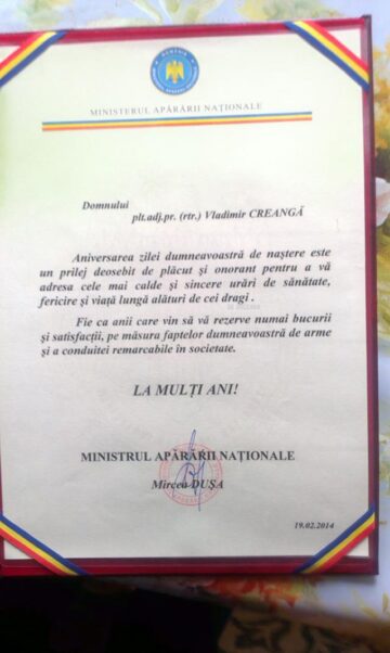 Diplomă aniversară din partea ministrului Apărării, Mircea Dușa