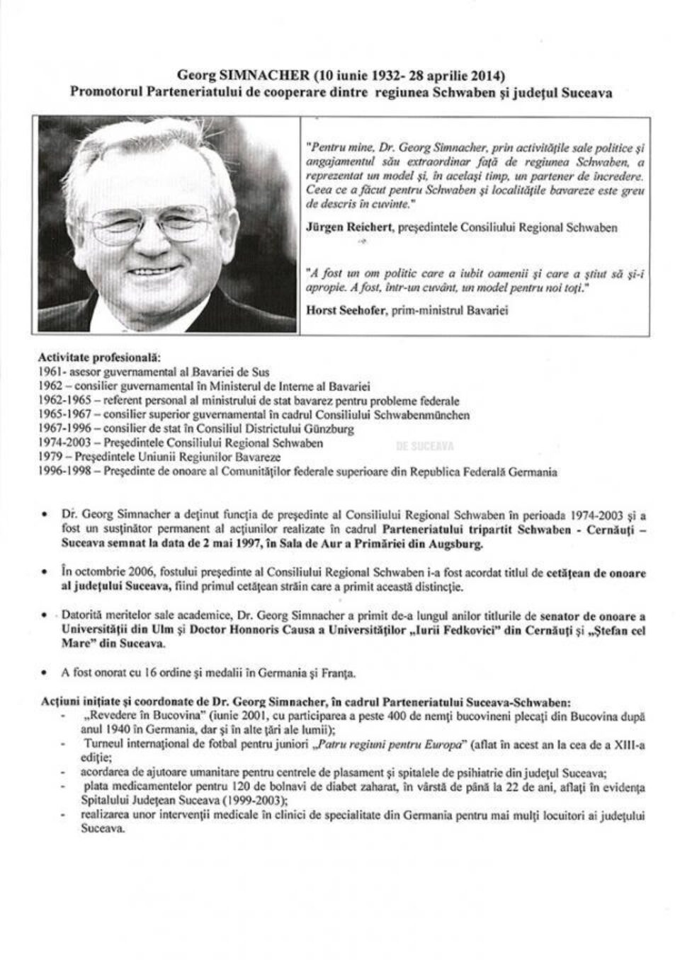 Necrologul pentru dr. Georg Simnacher pregătit de CJ Suceava