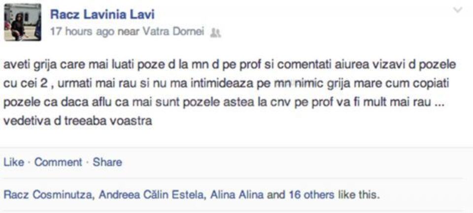 Mesajul de amenințare transmis pe Facebook de Lavinia Racz