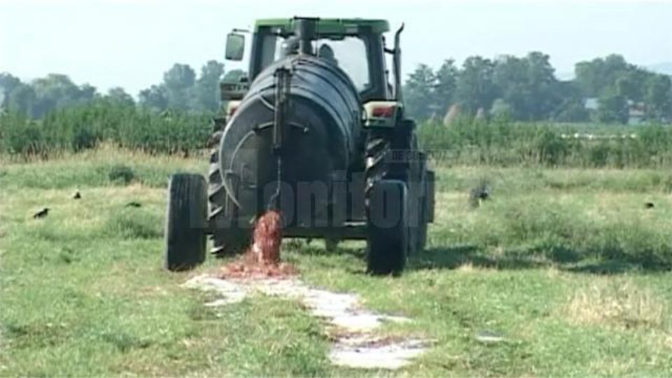 Sâmbătă, un tractor cu vidanjă împrăștia resturi lichide de la abatorul din Roșcani