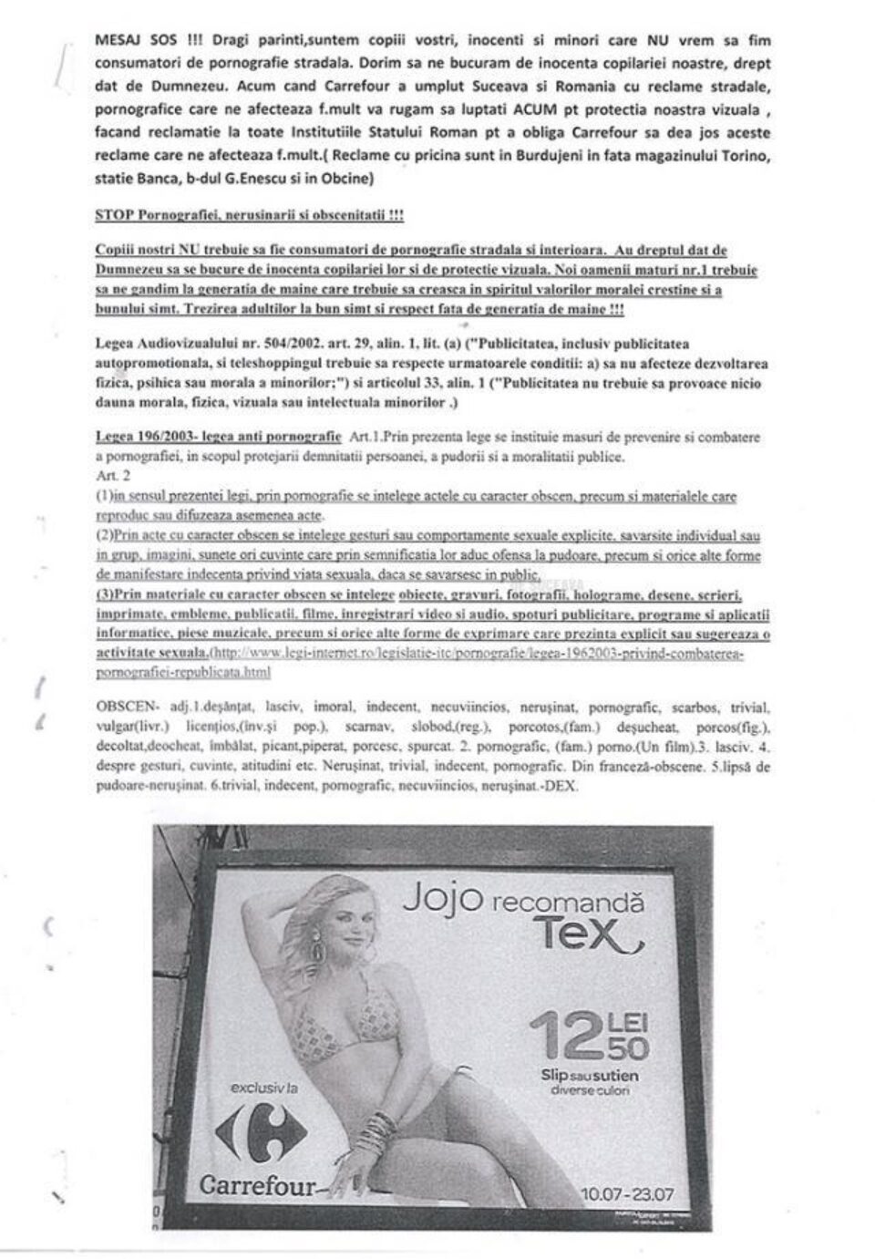 Scrisoarea de protest contra panourilor publicitare considerate obscene