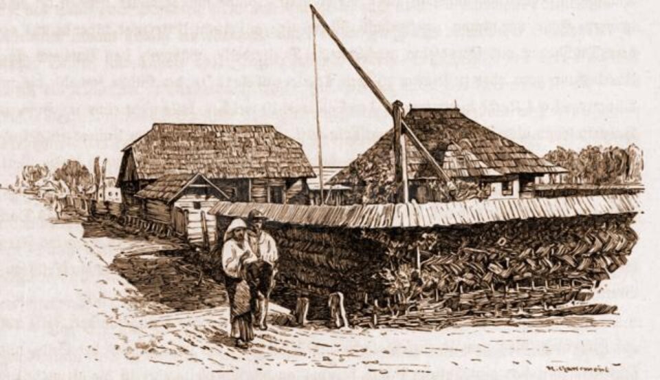 Casă românească din Horodnic – desen de Mattias Adolf Charlemont (1820-1871)