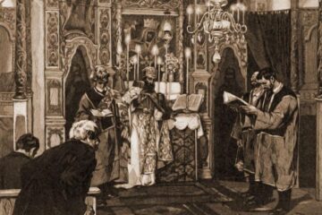 Slujbă, la biserica armenească din Suceava – desen de Julius Zalaty Zuber (1867-1918)