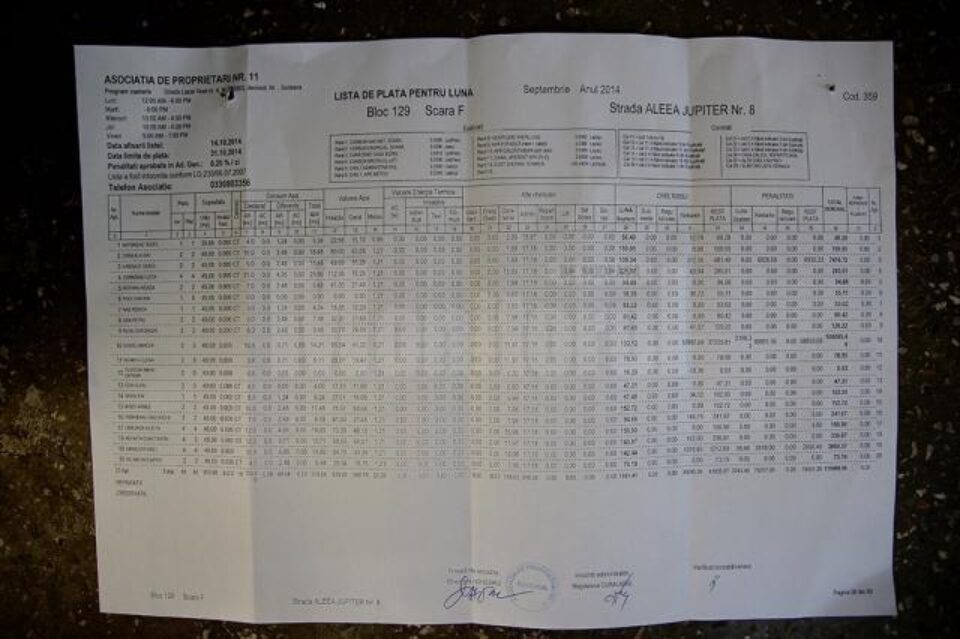 Tabelul cu cheltuieli de întreținere al blocului de pe Aleea Jupiter, pe care apare datoria de peste un miliard de lei vechi