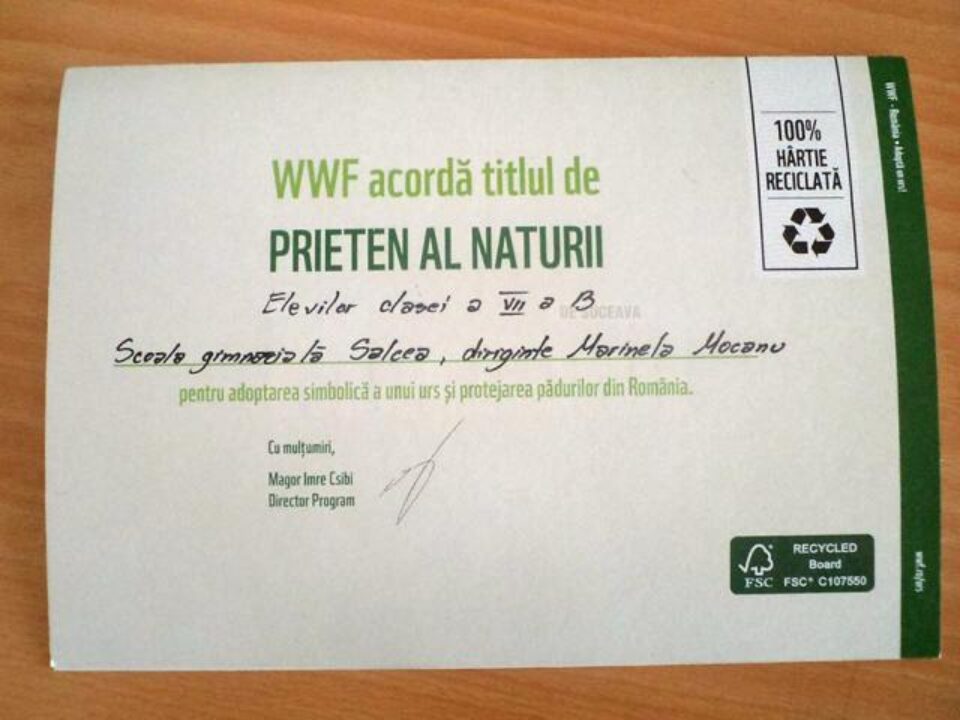 Elevii unei clase a Școlii Gimnaziale din Salcea au adoptat un urs