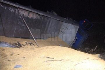 Un camion încărcat cu peste 20 de tone de porumb s-a răsturnat, ieri seară, pe E 85, la intrarea în municipiul Fălticeni dinspre Bunești