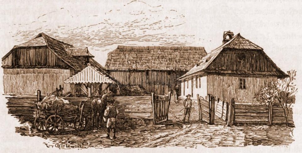 Gospodărie germană din Mitoc – desen de Mattias Adolf Charlemont (1820-1871)