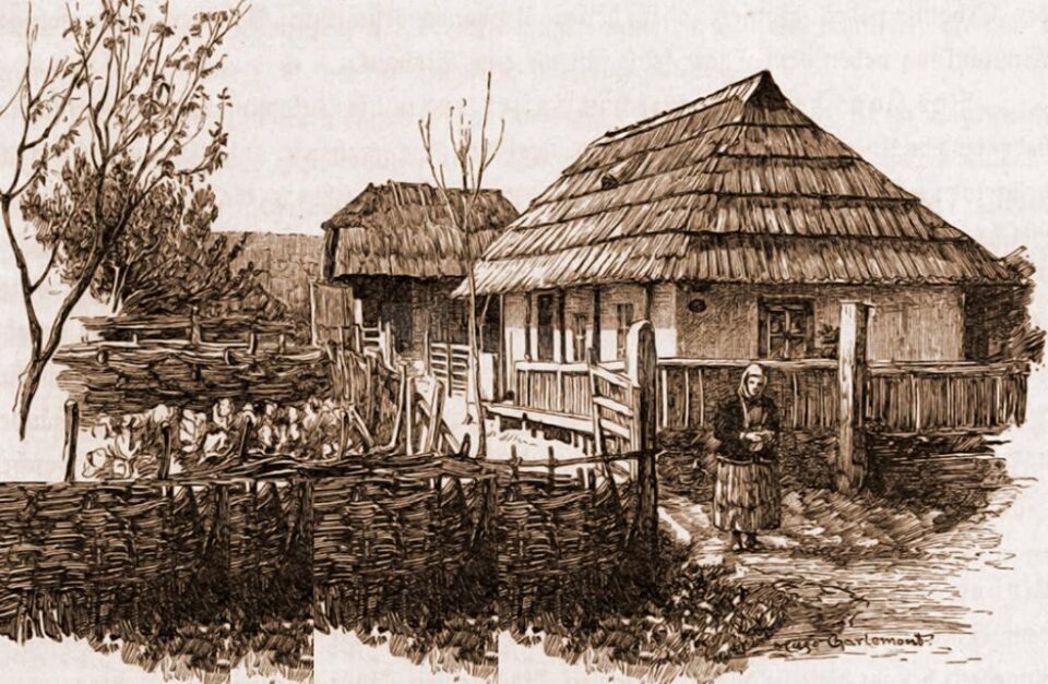 Gospodărie lipovenească – desen de Mattias Adolf Charlemont (1820-1871)