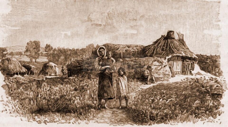 Bordeie țigănești din Ropcea – desen de Mattias Adolf Charlemont (1820-1871)