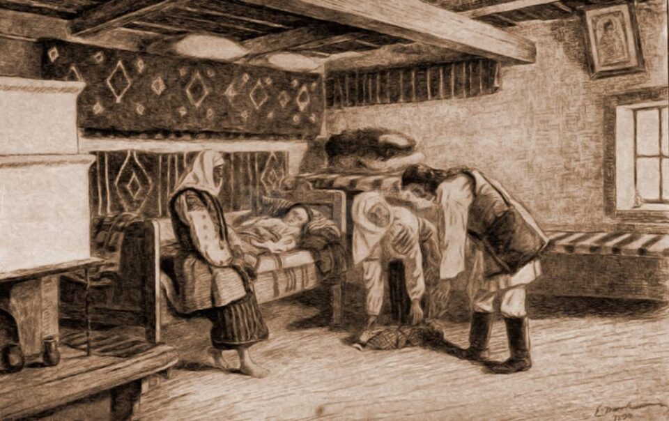 Nașterea, la români – desen de Julius Zalaty Zuber (1867-1918)