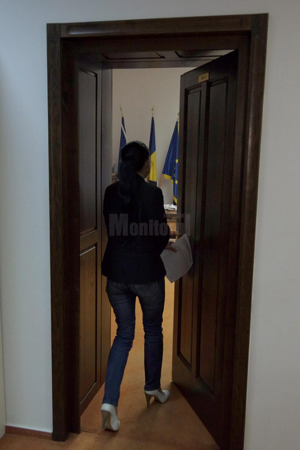 Șefa compartimentului juridic din prefectură, Gabriela Paranici, aduce dosarele solicitate de procurori