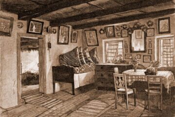 Interior de casă ungurească din Dornești – desen de Mattias Adolf Charlemont (1820-1871)
