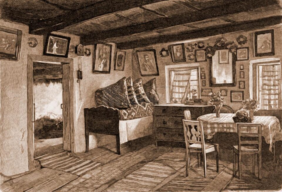 Interior de casă ungurească din Dornești – desen de Mattias Adolf Charlemont (1820-1871)