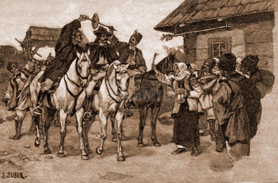 Chemarea la nuntă, la români – desen de Julius Zalaty Zuber (1867-1918)