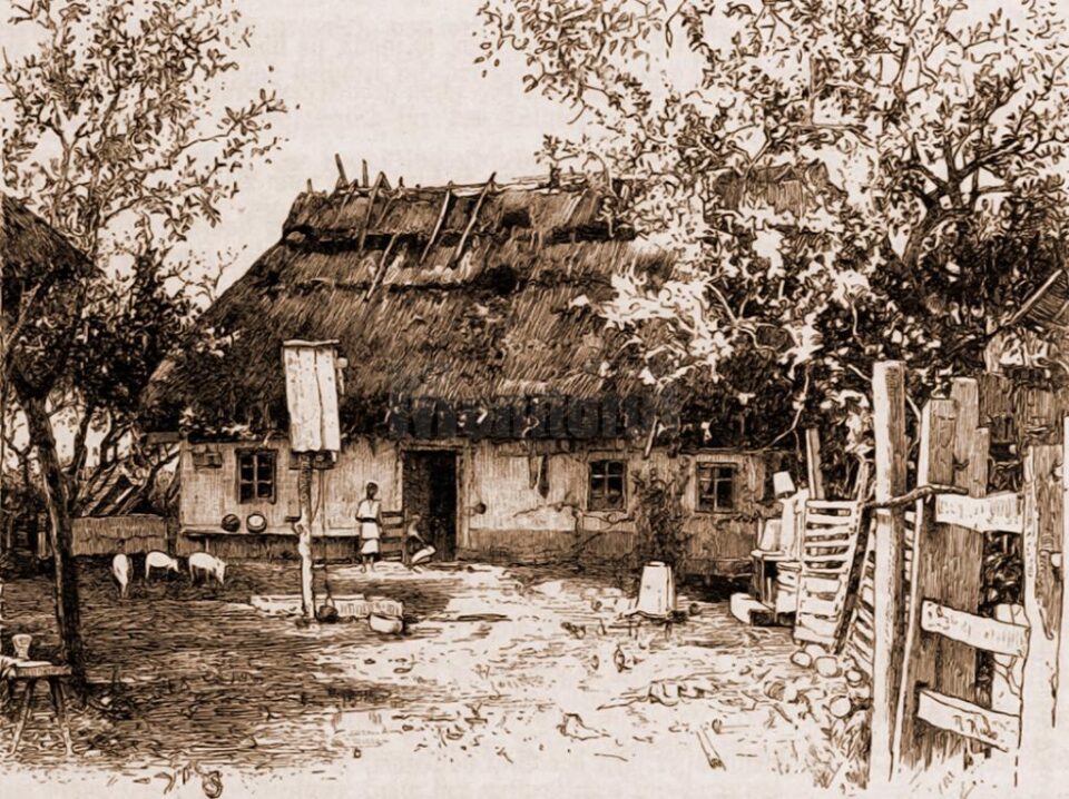 Casă rutenească din regiunea Prutului – desen de Mattias Adolf Charlemont (1820-1871)