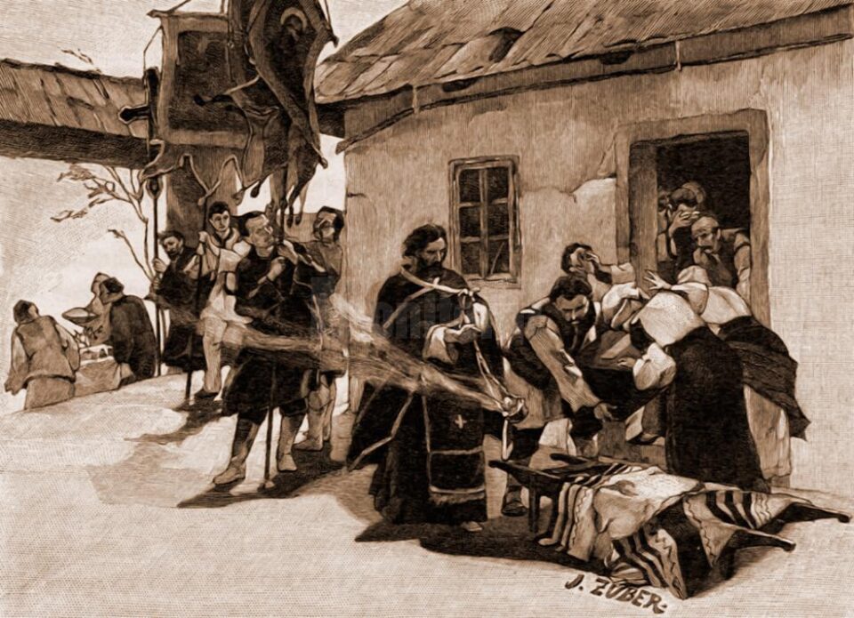 Scoaterea mortului din casă, la români – desen de Julius Zalaty Zuber (1867-1918)