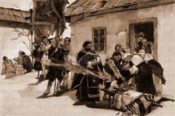 Scoaterea mortului din casă, la români – desen de Julius Zalaty Zuber (1867-1918)