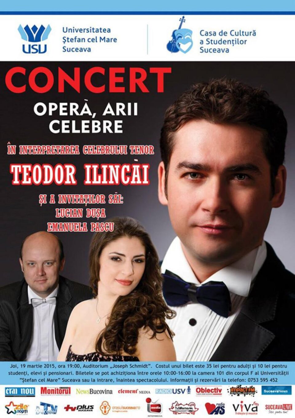 Tenorul sucevean Teodor Ilincăi va concerta pe scena Auditoriumului „Joseph Schmidt” a Universității din Suceava