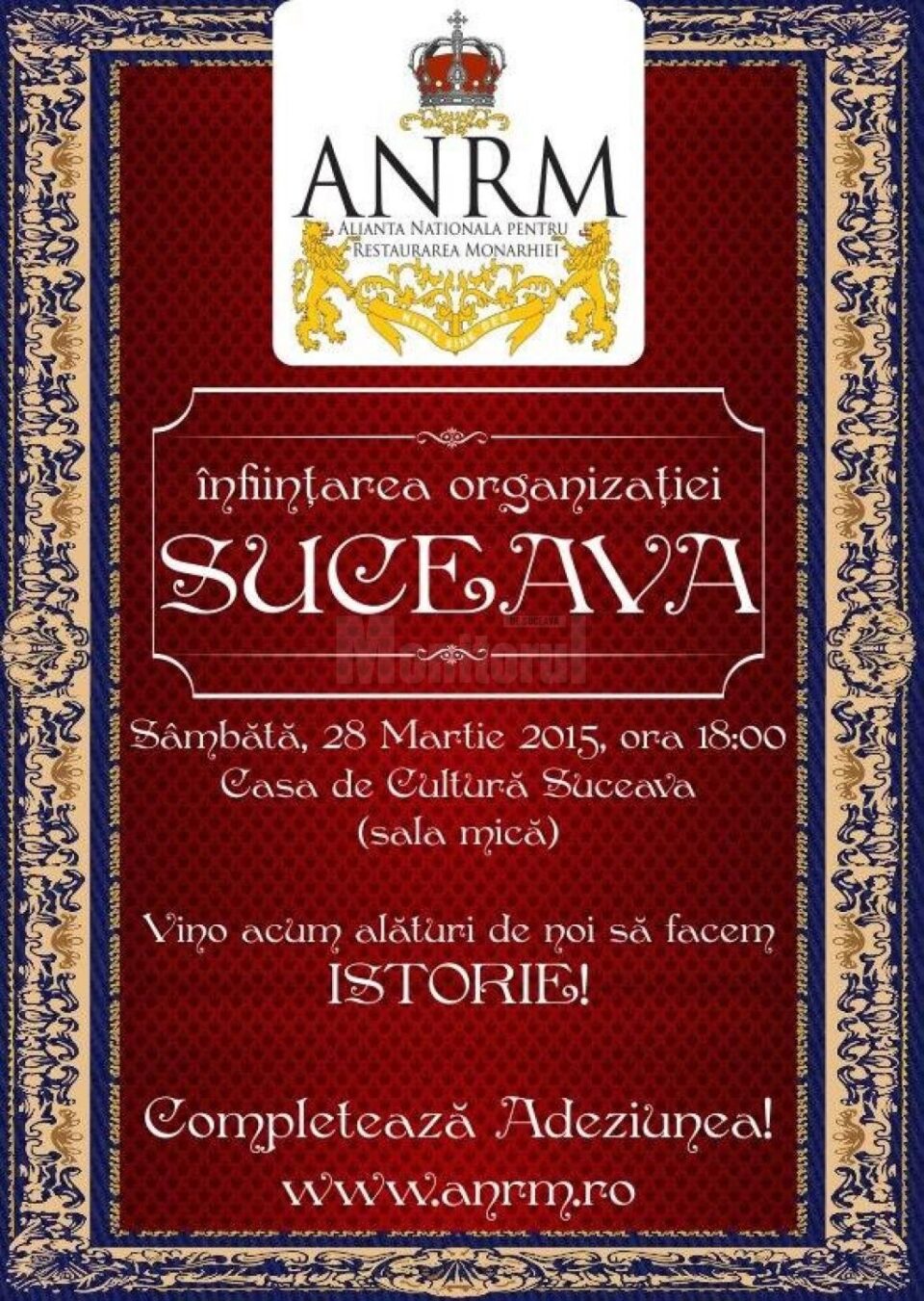 Întrunire pentru înființarea Organizației Suceava a Alianței Naționale pentru Restaurarea Monarhiei