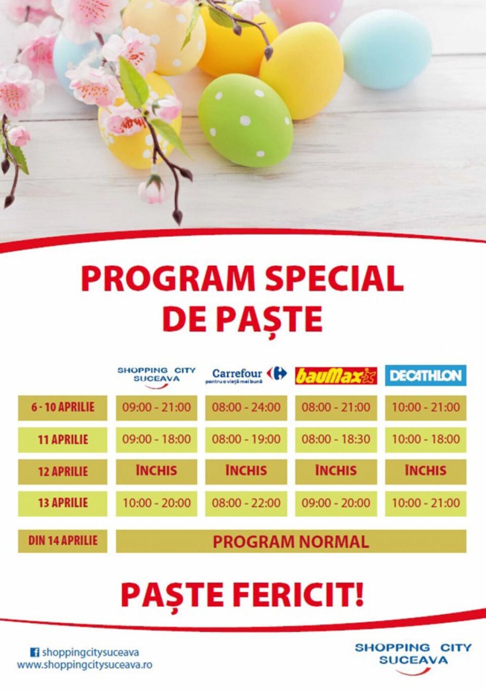 Programul de Paște al magazinelor din malluri și al supermarketurilor din Suceava