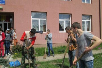 Peste 60 de elevi și adulți au participat la amenajare spațiului verde din fața unei școli din Vicovu de Sus